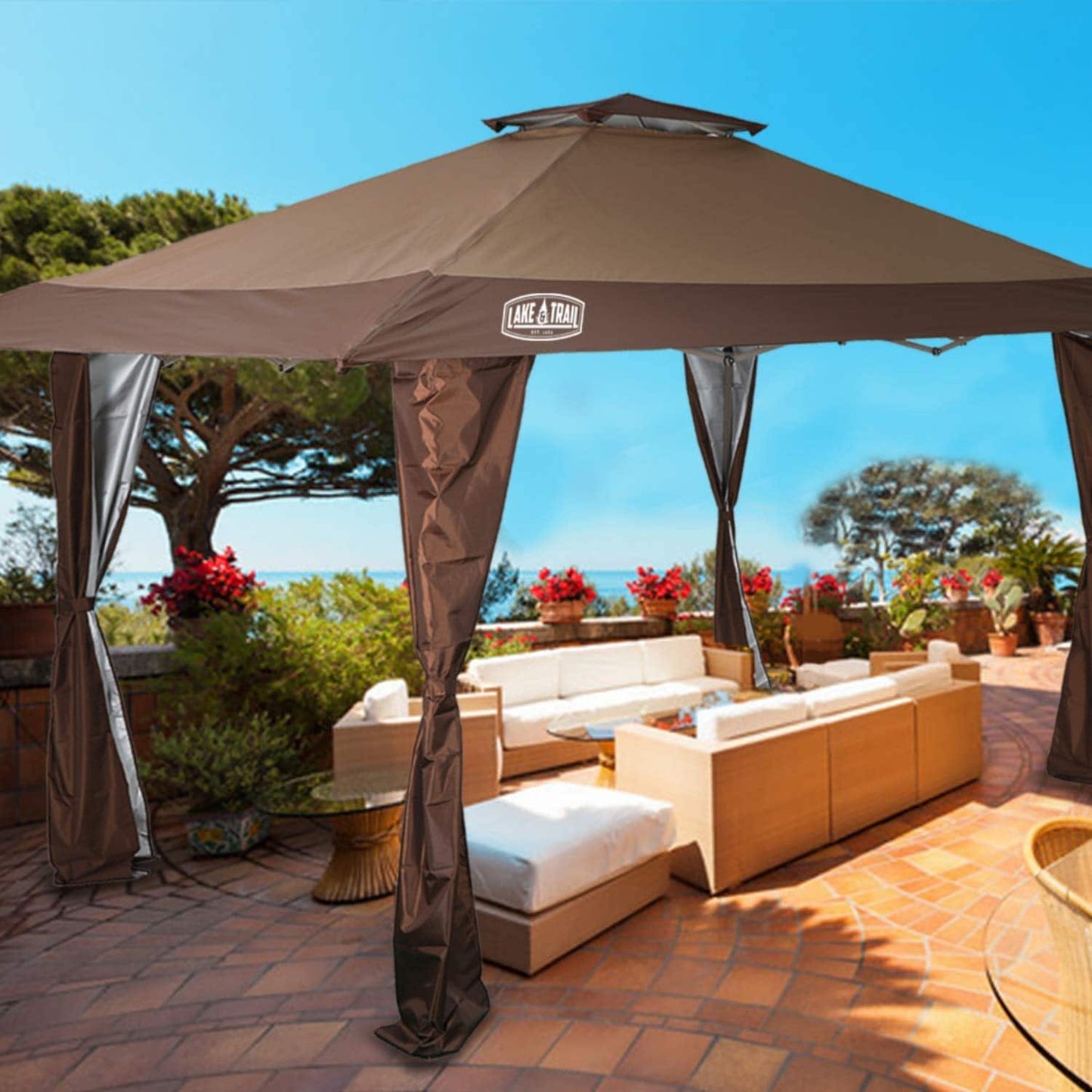 13' x 13' Outdoor-Überdachung, Terrassenpavillon, verstärktes Garten-Pop-up-Überdachungszelt mit elegantem Eckvorhang – 13 x 13 Fuß