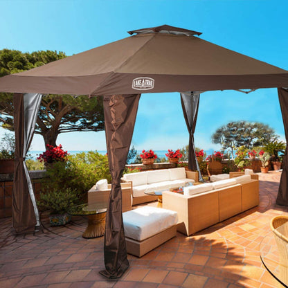13' x 13' Outdoor-Überdachung, Terrassenpavillon, verstärktes Garten-Pop-up-Überdachungszelt mit elegantem Eckvorhang – 13 x 13 Fuß