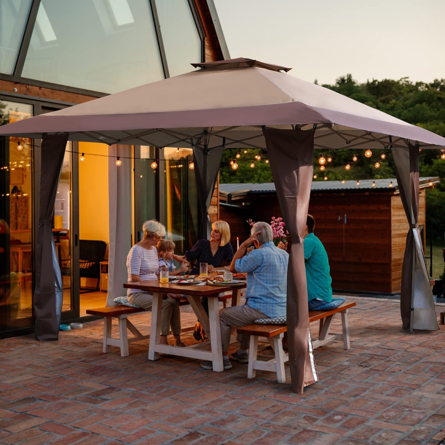 13' x 13' Outdoor-Überdachung, Terrassenpavillon, verstärktes Garten-Pop-up-Überdachungszelt mit elegantem Eckvorhang – 13 x 13 Fuß