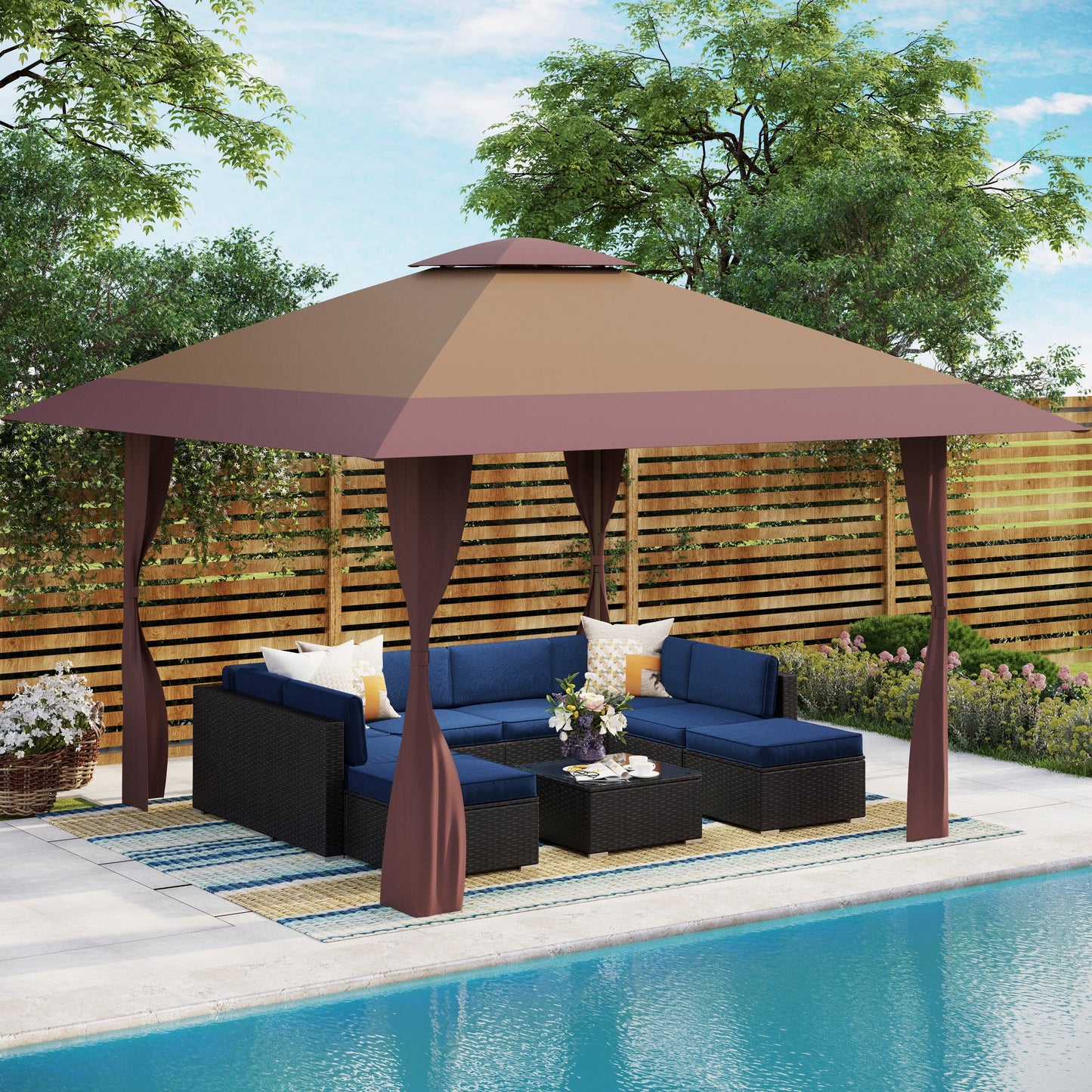 13' x 13' Outdoor-Überdachung, Terrassenpavillon, verstärktes Garten-Pop-up-Überdachungszelt mit elegantem Eckvorhang – 13 x 13 Fuß
