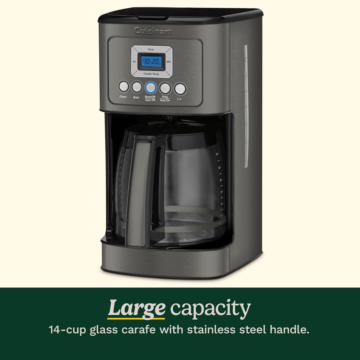 Programmierbare Kaffeemaschine für 14 Tassen, Glaskaraffe, Brühstärkeregelung, Einstellung für 1–4 Tassen, schwarzer Edelstahl