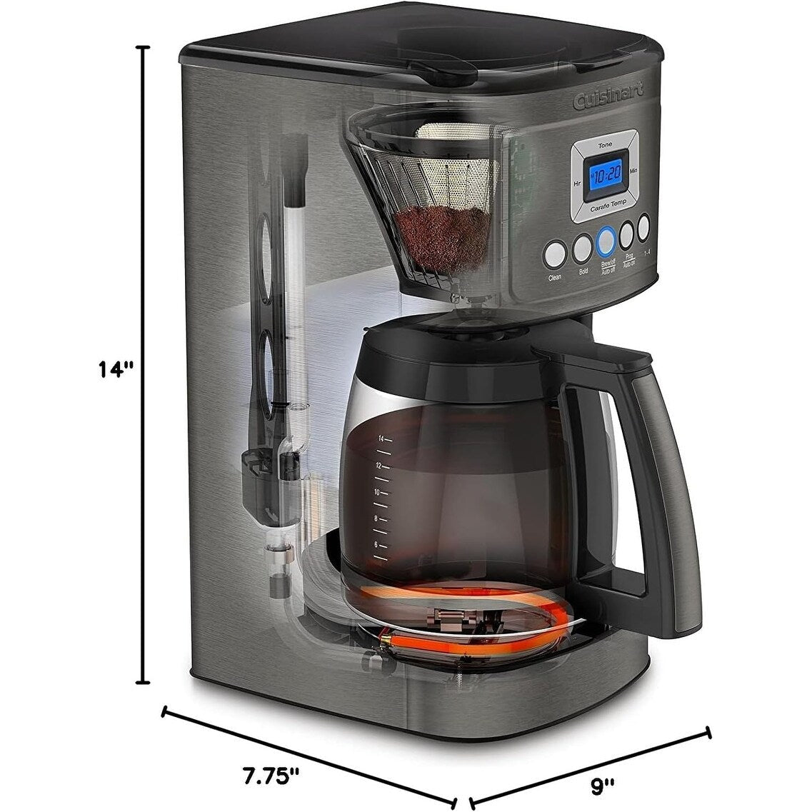 Programmierbare Kaffeemaschine für 14 Tassen, Glaskaraffe, Brühstärkeregelung, Einstellung für 1–4 Tassen, schwarzer Edelstahl