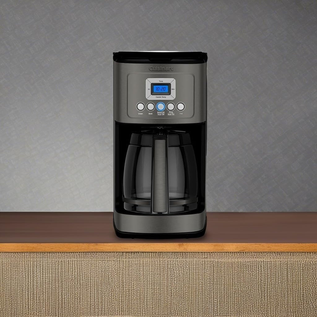 Programmierbare Kaffeemaschine für 14 Tassen, Glaskaraffe, Brühstärkeregelung, Einstellung für 1–4 Tassen, schwarzer Edelstahl