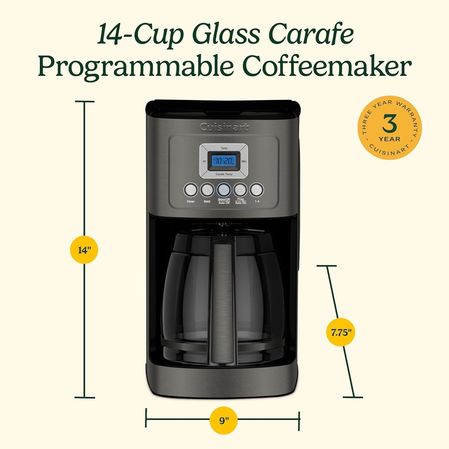 Programmierbare Kaffeemaschine für 14 Tassen, Glaskaraffe, Brühstärkeregelung, Einstellung für 1–4 Tassen, schwarzer Edelstahl