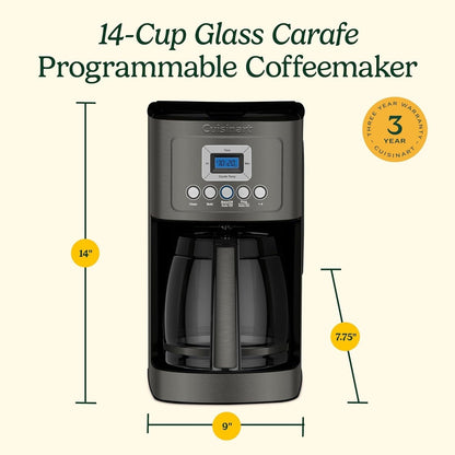Programmierbare Kaffeemaschine für 14 Tassen, Glaskaraffe, Brühstärkeregelung, Einstellung für 1–4 Tassen, schwarzer Edelstahl