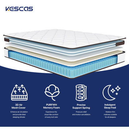14 Zoll Matratze, Memory Foam und Taschenfederkern-Hybridmatratze, Matratze mittlerer Festigkeit, Queen- und King-Size optional
