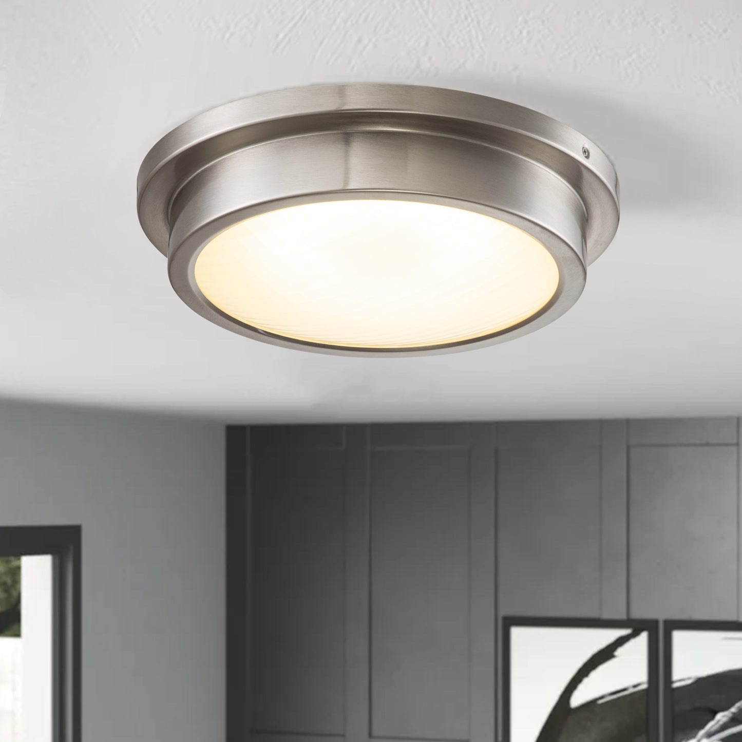 14 Zoll, gebürstetes Nickel, 30 W, 3000 K, LED-Deckenleuchte mit gestreiftem Glasschirm – gebürstetes Nickel