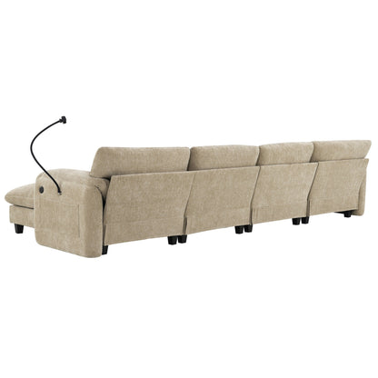 140-Inch Chenille Sectional Sofa with USB and Type-C Charging Ports, Phone Holders, Side Storage Pockets, Movement Ottomans