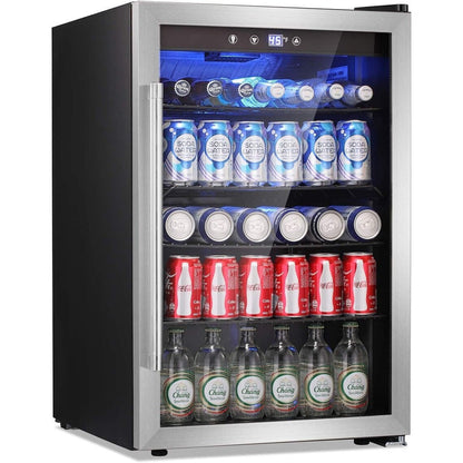Getränkekühlschrank für 145 Dosen, 4,4 Kubikfuß Minikühlschrank mit Glastür für Limonade, Bier, Wein – transparente Front für Zuhause, Büro oder Bar