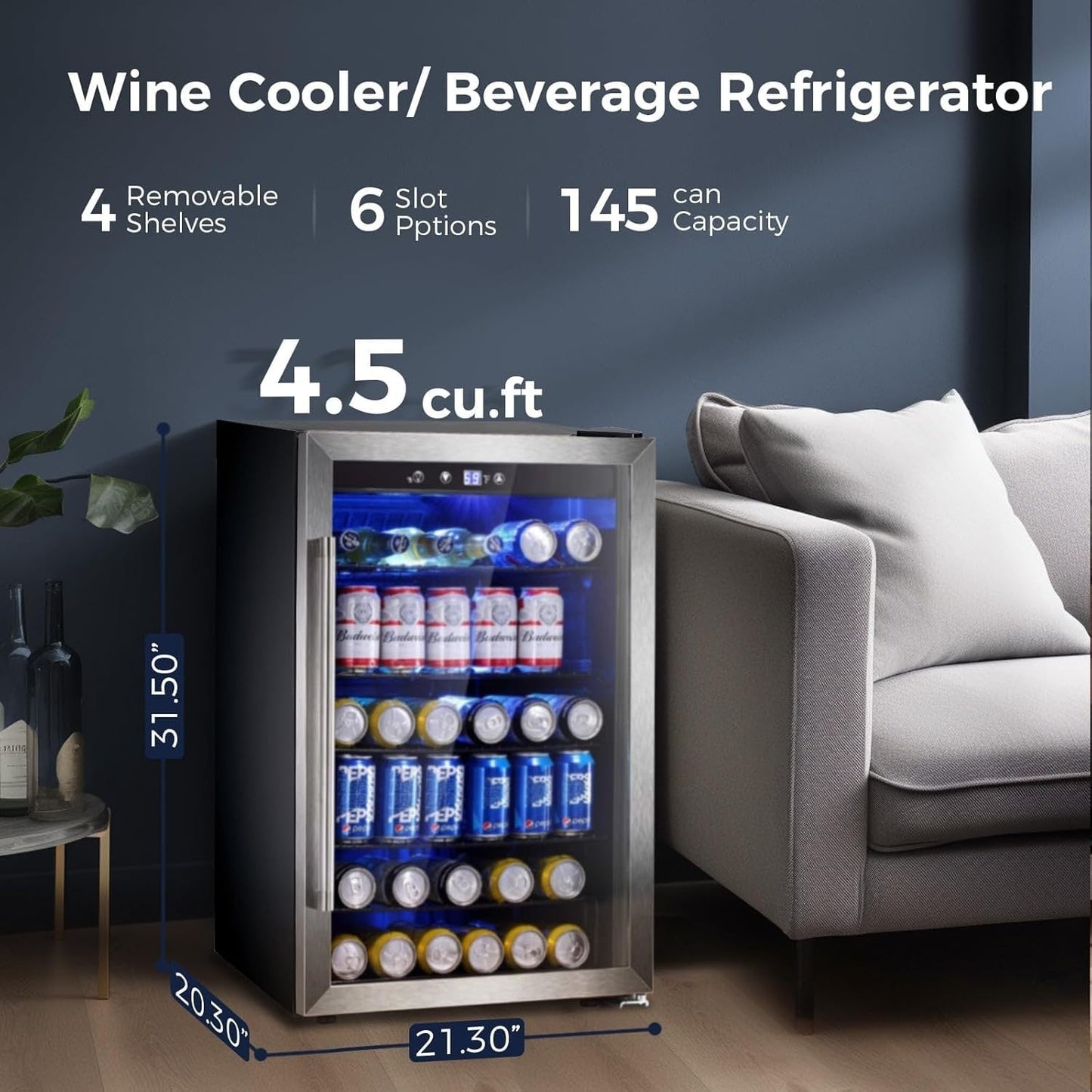 Getränkekühlschrank für 145 Dosen, 4,4 Kubikfuß Minikühlschrank mit Glastür für Limonade, Bier, Wein – transparente Front für Zuhause, Büro oder Bar
