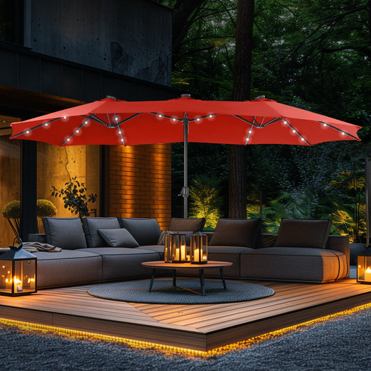 15 Fuß rechteckiger, doppelseitiger Marktschirm mit Kurbel, Solar-LED-Beleuchtung, Terrassenschirm mit Sockel im Lieferumfang enthalten