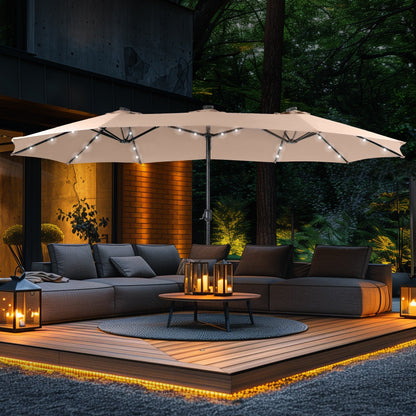 15 Fuß rechteckiger, doppelseitiger Marktschirm mit Kurbel, Solar-LED-Beleuchtung, Terrassenschirm mit Sockel im Lieferumfang enthalten