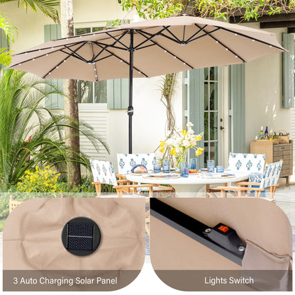 15 Fuß rechteckiger, doppelseitiger Marktschirm mit Kurbel, Solar-LED-Beleuchtung, Terrassenschirm mit Sockel im Lieferumfang enthalten