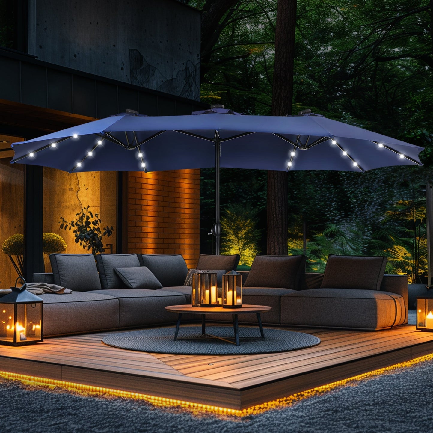 15 Fuß rechteckiger, doppelseitiger Marktschirm mit Kurbel, Solar-LED-Beleuchtung, Terrassenschirm mit Sockel im Lieferumfang enthalten