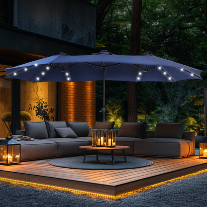 15 Fuß rechteckiger, doppelseitiger Marktschirm mit Kurbel, Solar-LED-Beleuchtung, Terrassenschirm mit Sockel im Lieferumfang enthalten