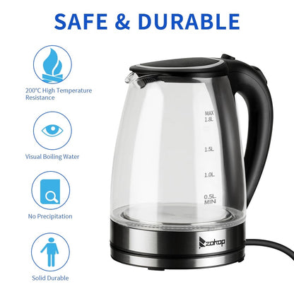 Elektrischer Teekessel aus Glas, 1500 W, 1,8 l, Heißwasserkessel mit automatischer Abschaltsicherung, Deckel und Boden aus Edelstahl