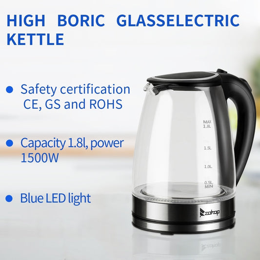 Elektrischer Teekessel aus Glas, 1500 W, 1,8 l, Heißwasserkessel mit automatischer Abschaltsicherung, Deckel und Boden aus Edelstahl