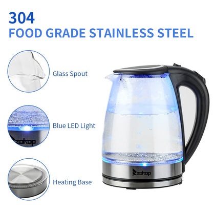 Elektrischer Teekessel aus Glas, 1500 W, 1,8 l, Heißwasserkessel mit automatischer Abschaltsicherung, Deckel und Boden aus Edelstahl