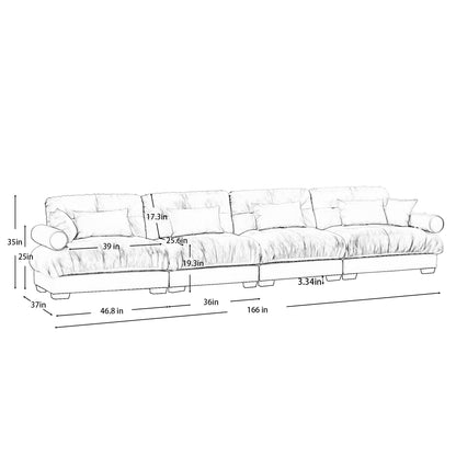 166Velvet 4-Seater Sofa with Bolster Armrests, High-Resilience Sponge Cushions
