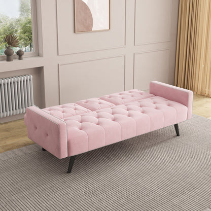 1730 Sofa Bed Armrest with Nail Head Trim with Two Cup Holders 72 Pink Velvet Sofa for Small Spaces