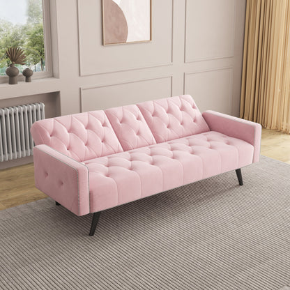 1730 Sofa Bed Armrest with Nail Head Trim with Two Cup Holders 72 Pink Velvet Sofa for Small Spaces