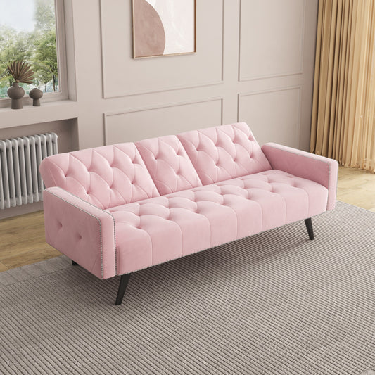 1730 Sofa Bed Armrest with Nail Head Trim with Two Cup Holders 72 Pink Velvet Sofa for Small Spaces