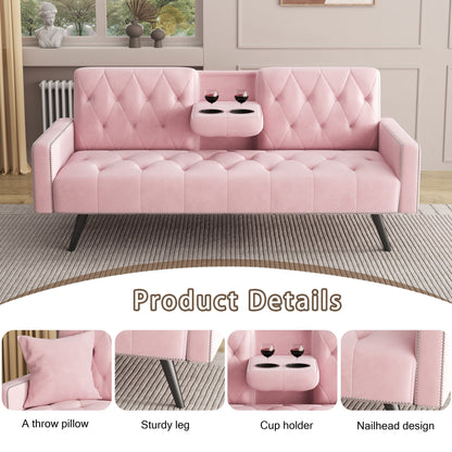1730 Sofa Bed Armrest with Nail Head Trim with Two Cup Holders 72 Pink Velvet Sofa for Small Spaces