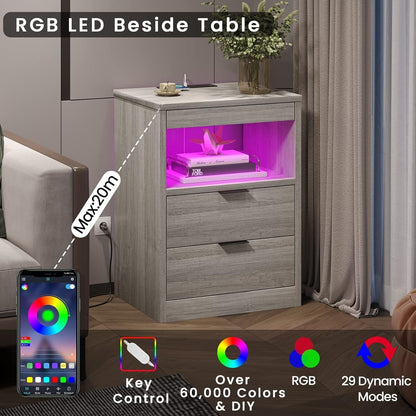 2 Schubladen LED-Nachttisch Kabellose Ladestation Ausziehbares Regal