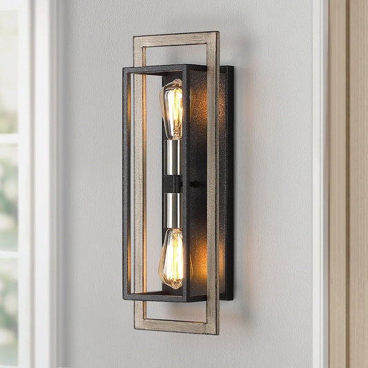 2-flammige, dimmbare Wandleuchte im rustikalen Bauernhausstil in Schwarz/Holzfarbe – 20 x 7 x 5 Zoll (H x B x T) – 7 Zoll (B)