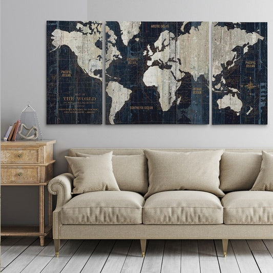 3-teiliges Leinwandbild-Set „Old World Map Blue“