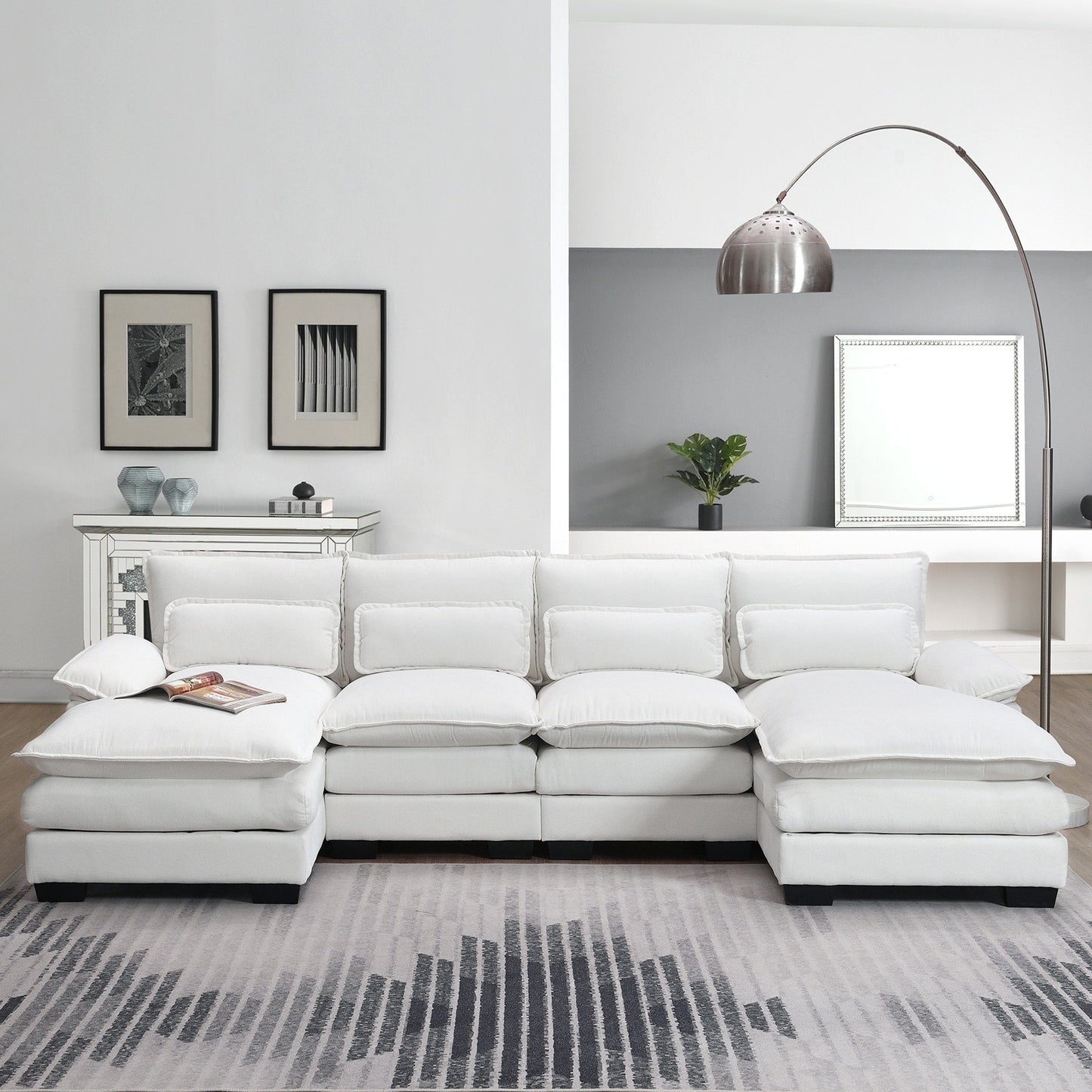 [VIDEO provided][New]109.8*55.9 Modern U-shaped Sectional Sofa with Waist Pillows,6-seat Upholstered Symmetrical Sofa Furniture