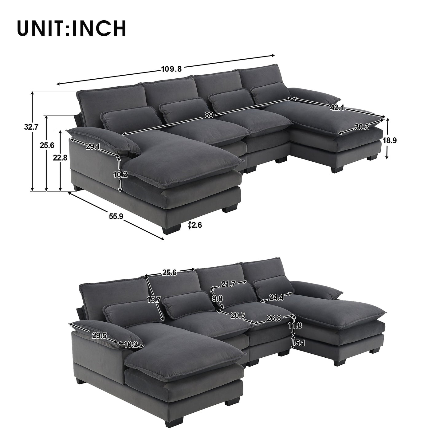 [VIDEO provided][New]109.8*55.9 Modern U-shaped Sectional Sofa with Waist Pillows,6-seat Upholstered Symmetrical Sofa Furniture