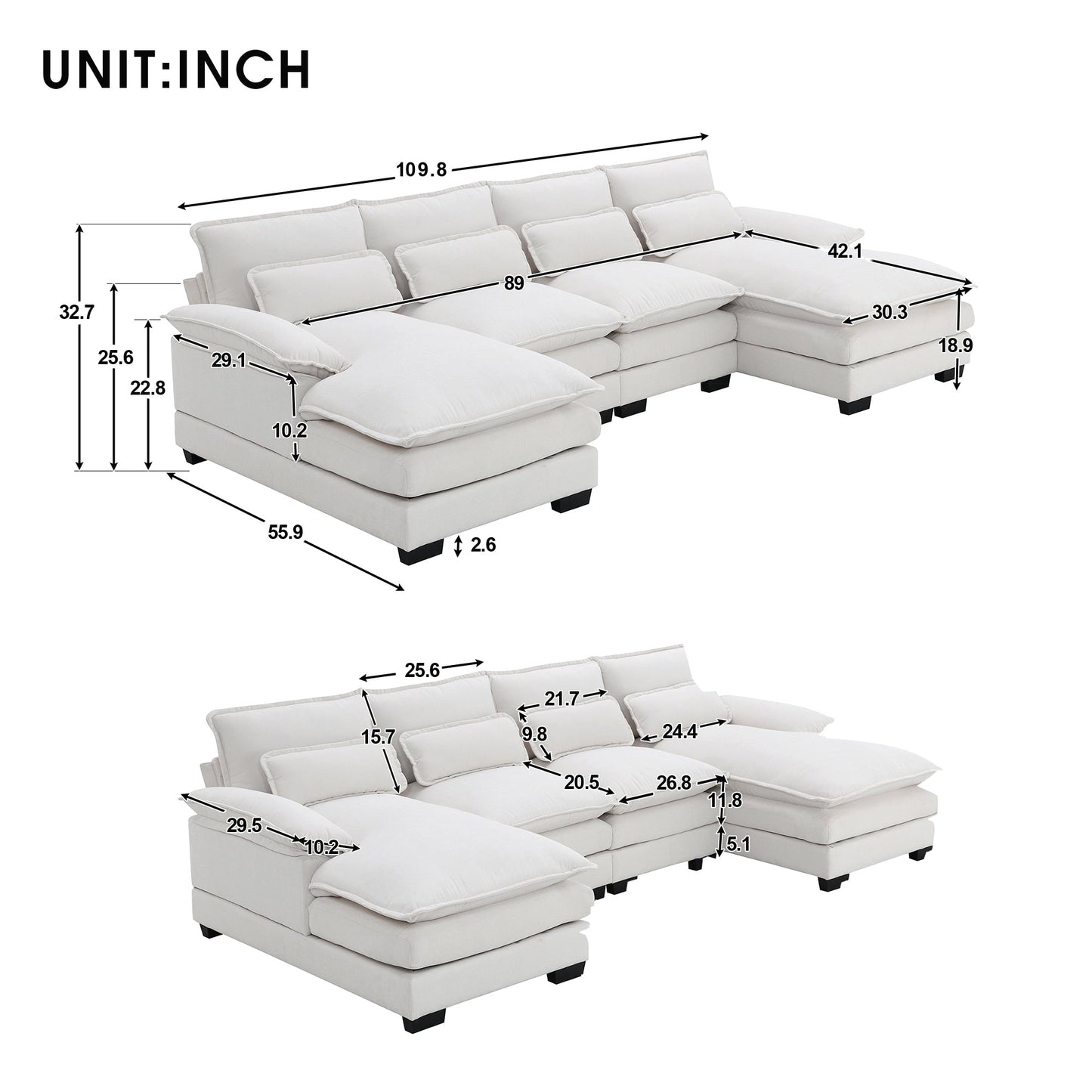 [VIDEO provided][New]109.8*55.9 Modern U-shaped Sectional Sofa with Waist Pillows,6-seat Upholstered Symmetrical Sofa Furniture