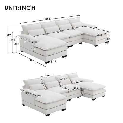 [VIDEO provided][New]109.8*55.9 Modern U-shaped Sectional Sofa with Waist Pillows,6-seat Upholstered Symmetrical Sofa Furniture