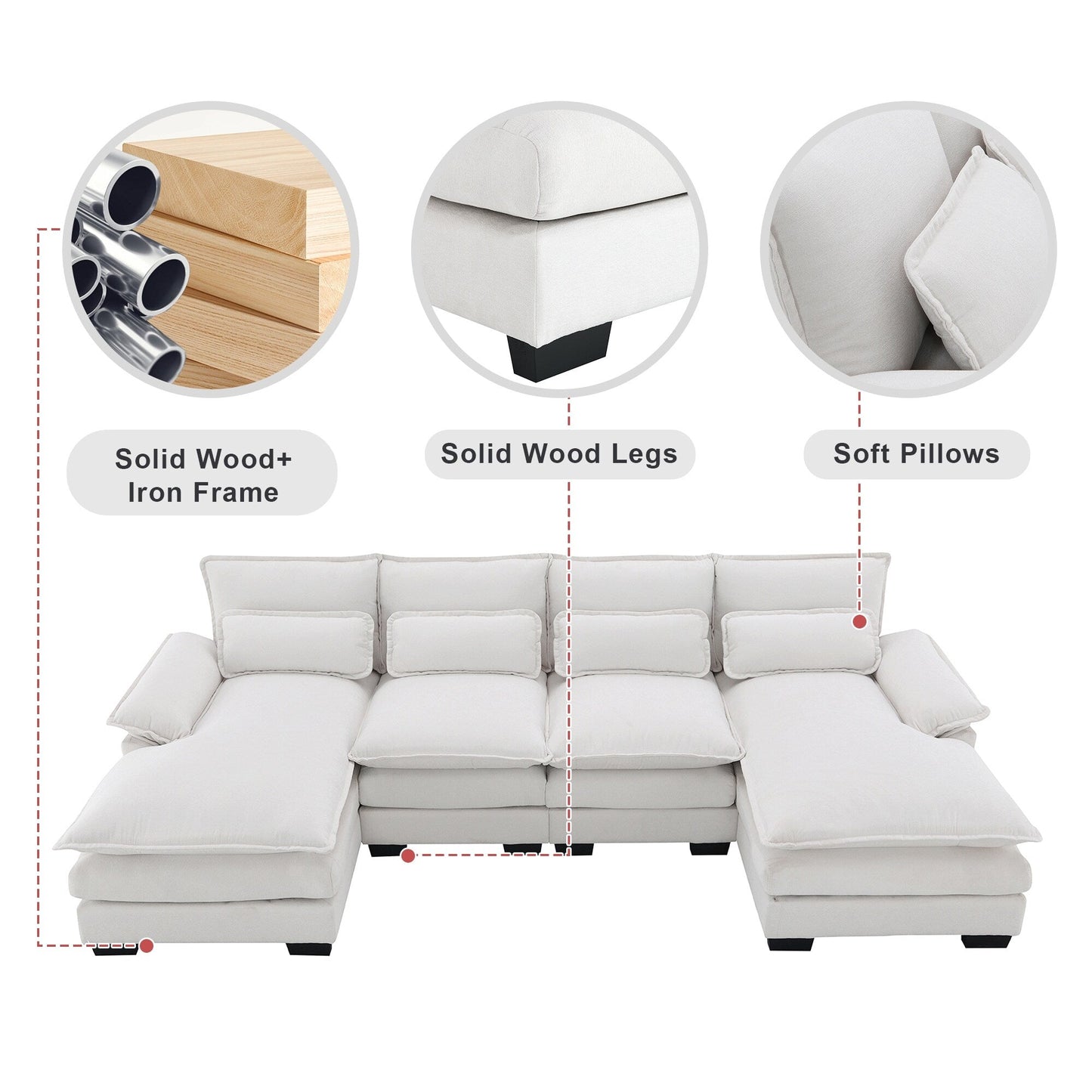 [VIDEO provided][New]109.8*55.9 Modern U-shaped Sectional Sofa with Waist Pillows,6-seat Upholstered Symmetrical Sofa Furniture