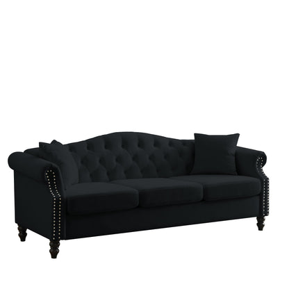 [Video] 79 Chesterfield Sofa Black Velvet for Living Room, 3 Seater Sofa Tufted Couch with Rolled Arms and Nailhead for Living