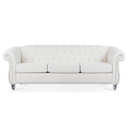 Nordic White Tufted Rolled Arm Upholstered Sofa - 32.09 x 84.65 x 28.35