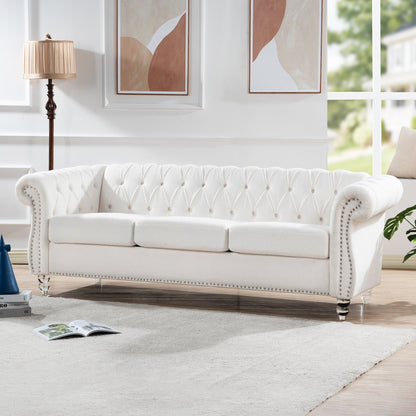 Nordic White Tufted Rolled Arm Upholstered Sofa - 32.09 x 84.65 x 28.35