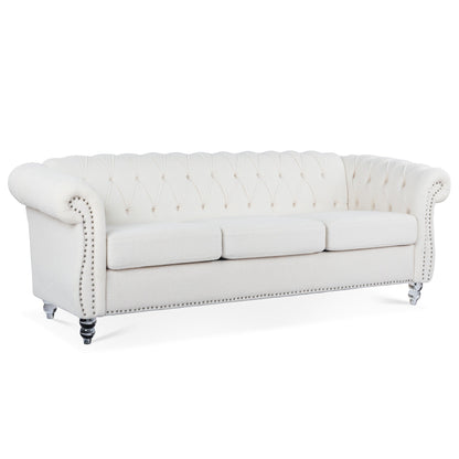 Nordic White Tufted Rolled Arm Upholstered Sofa - 32.09 x 84.65 x 28.35