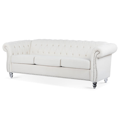Nordic White Tufted Rolled Arm Upholstered Sofa - 32.09 x 84.65 x 28.35