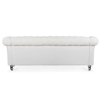 Nordic White Tufted Rolled Arm Upholstered Sofa - 32.09 x 84.65 x 28.35