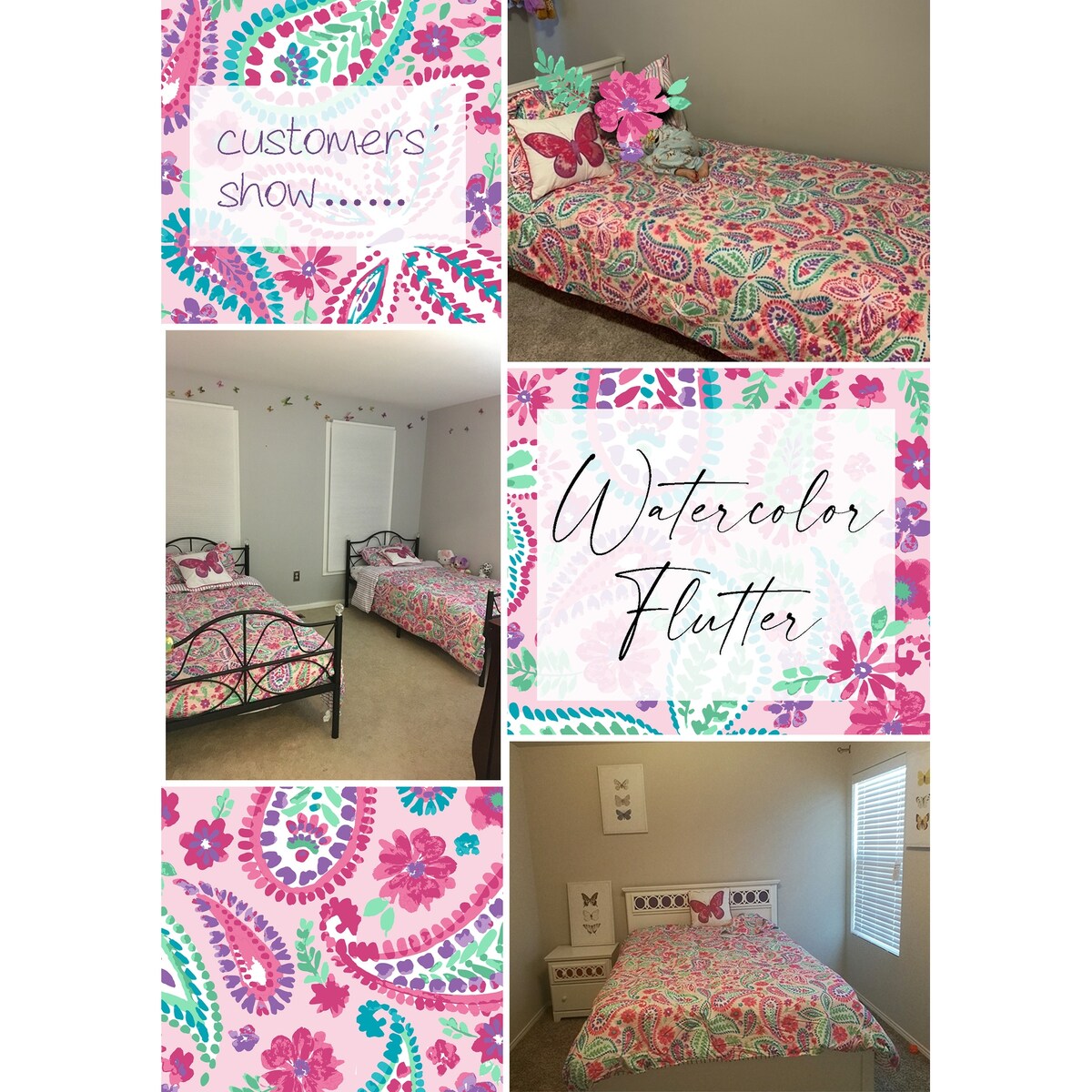 Aquarell Flutter Pink Floral Bettdeckenset mit Schmetterlings-Kissen