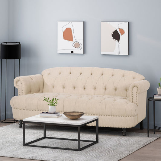 Beige Tufted 3-seater Sofa with Nailhead and Wood Legs