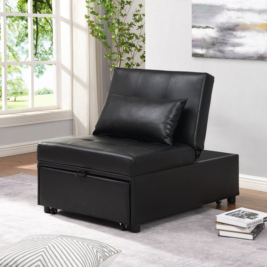 Black Faux Leather Button Tufted Single Sofa Bed with Pillow