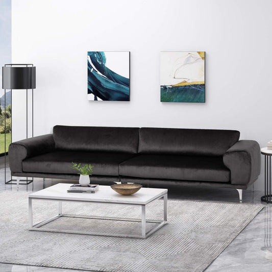 Black Velvet 4-Seater Sofa with Cushions and Metal Legs