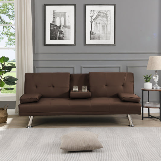Brown PVC Loveseat Sofa Bed with Wood Frame