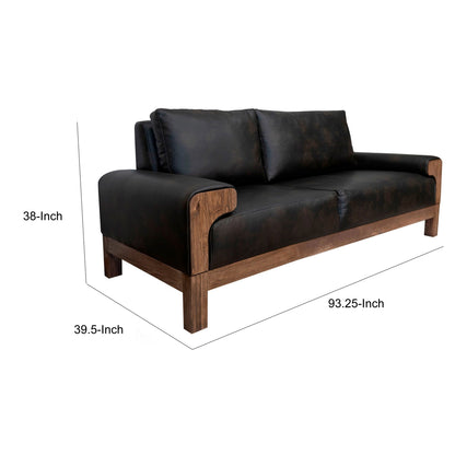 Caisy Sofa, Black Faux Leather, Caramel Solid Wood Frame, 93 Inch