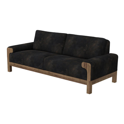 Caisy Sofa, Black Faux Leather, Caramel Solid Wood Frame, 93 Inch