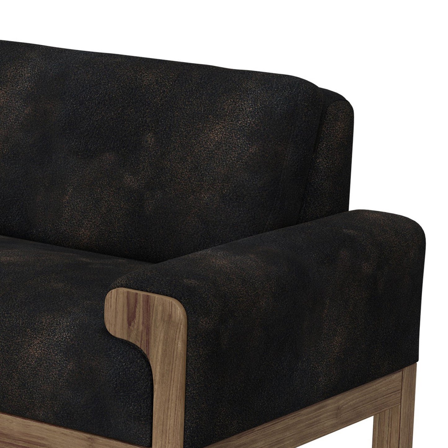 Caisy Sofa, Black Faux Leather, Caramel Solid Wood Frame, 93 Inch
