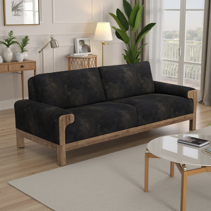 Caisy Sofa, Black Faux Leather, Caramel Solid Wood Frame, 93 Inch